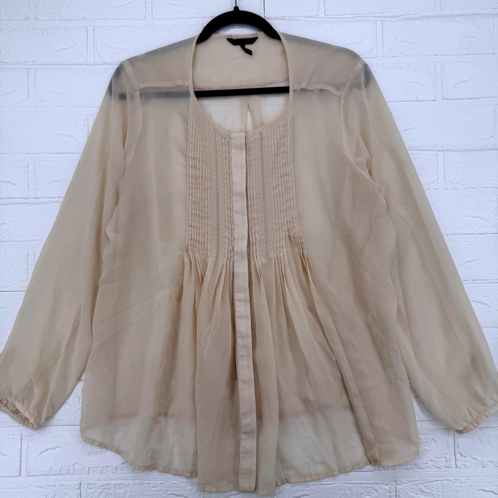 Daisy Fuentes Blouse Womens L Beige Sheer Pintuck Pleated Button Up Chiffon Top